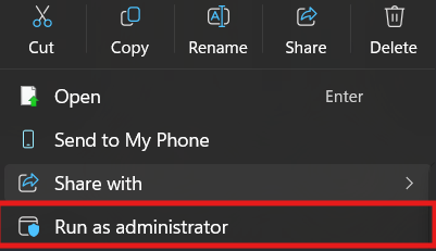 Windows right-click menu with the Run as administrator option highlighted